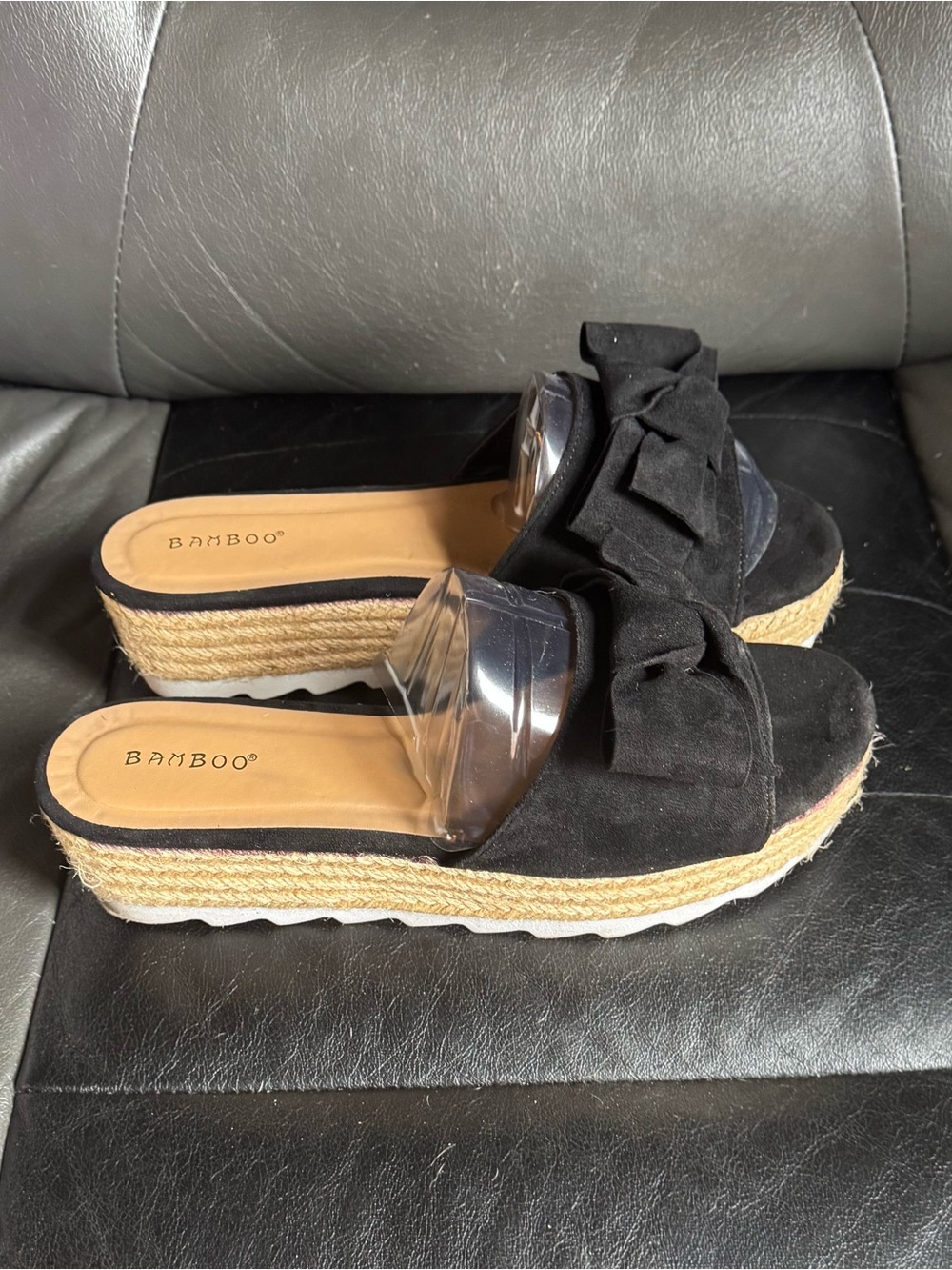 BAMBOO Black Espadrille Platform Slide Sandals